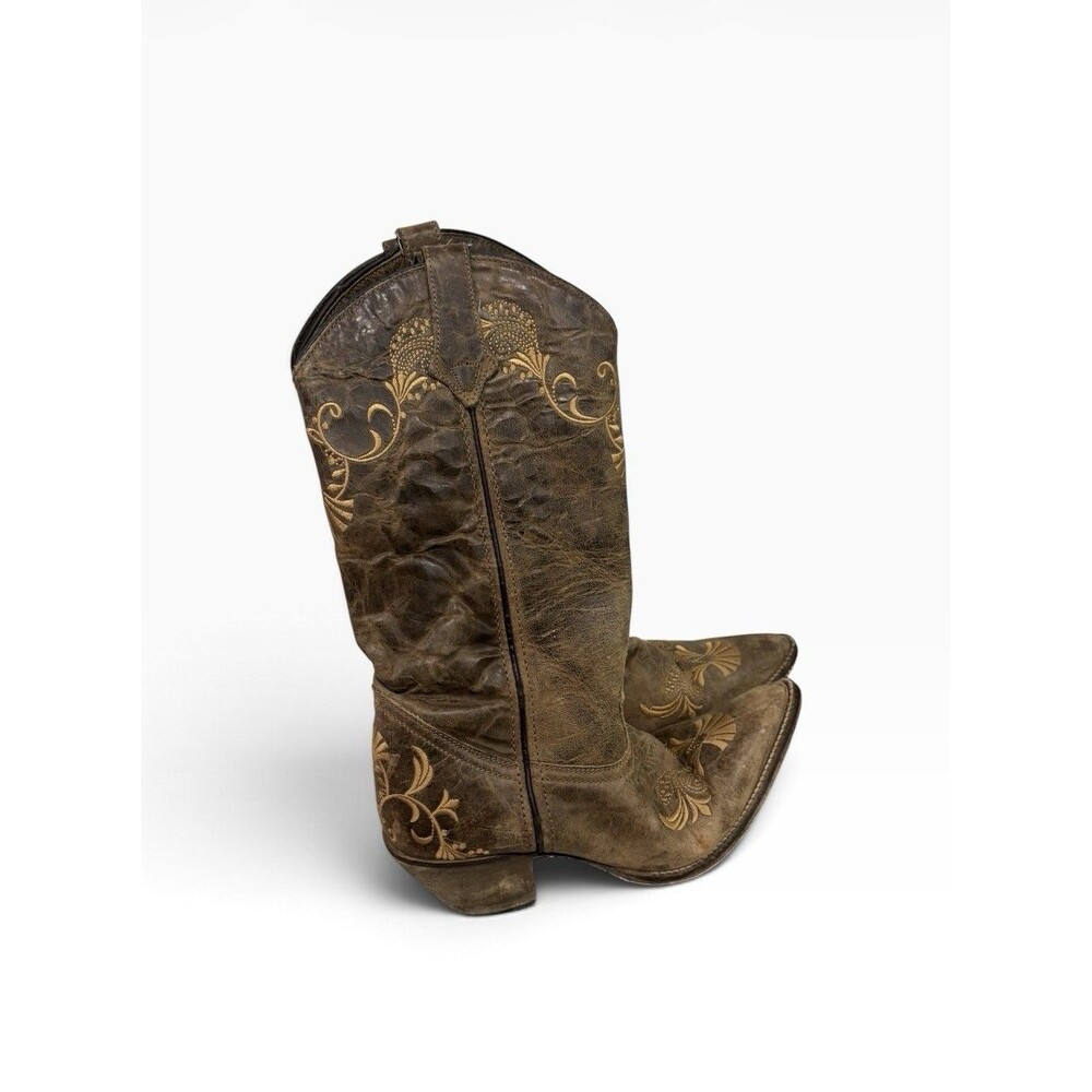 Abilene Western Boots Women's 7.5 M Brown Leather Embroidered Cowgirl USA Rodeo